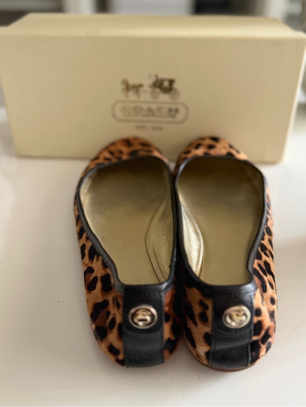 Coach Andra Haircalf Leopard Print Ballet Flats - Tan/Black - Picture 2 of 6